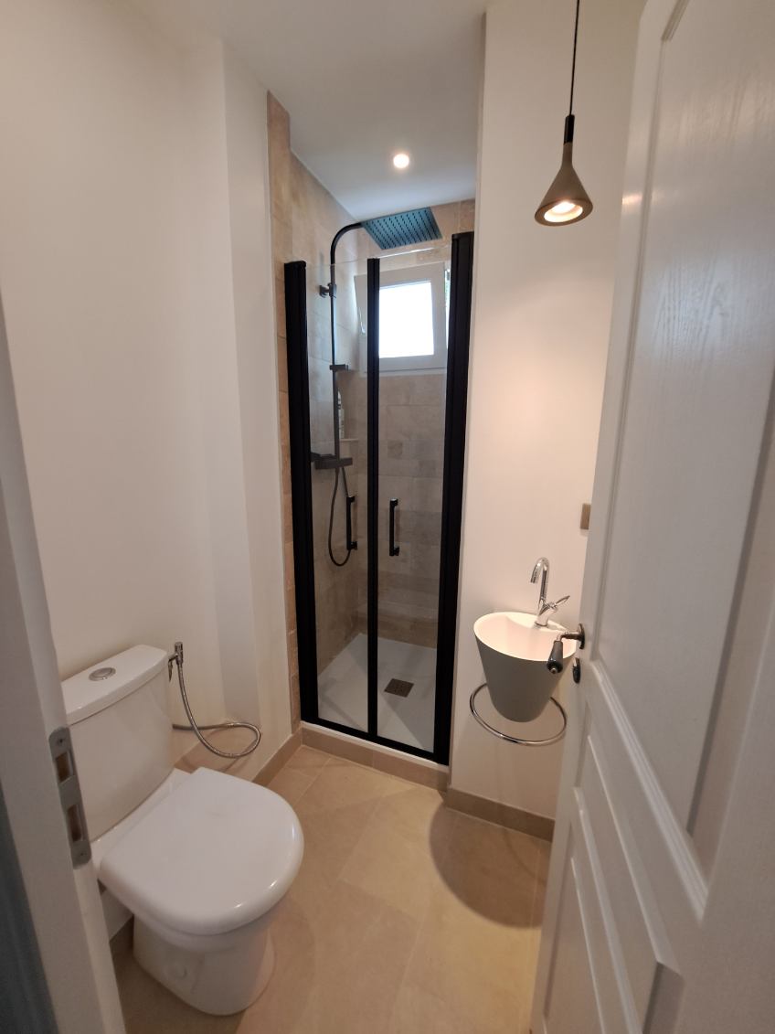 Douche à l'italienne avec paroi vitrée noire dans une salle de bain rénovée à Paris