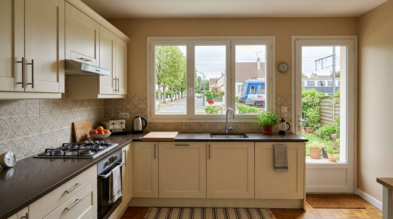 Cuisine de lotissement rénovée à Plaisir, jardin et rue pavillonnaire