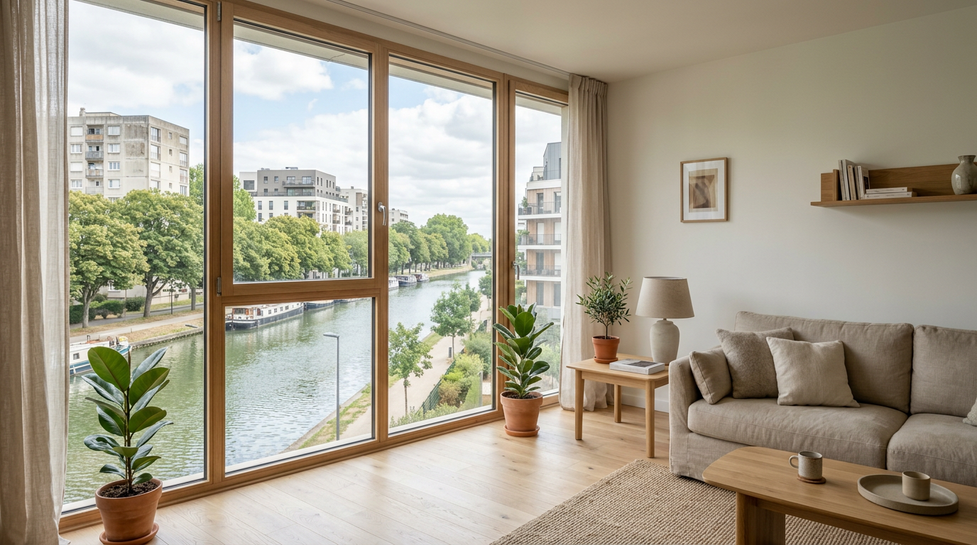Séjour d’appartement rénové côté canal à Bondy