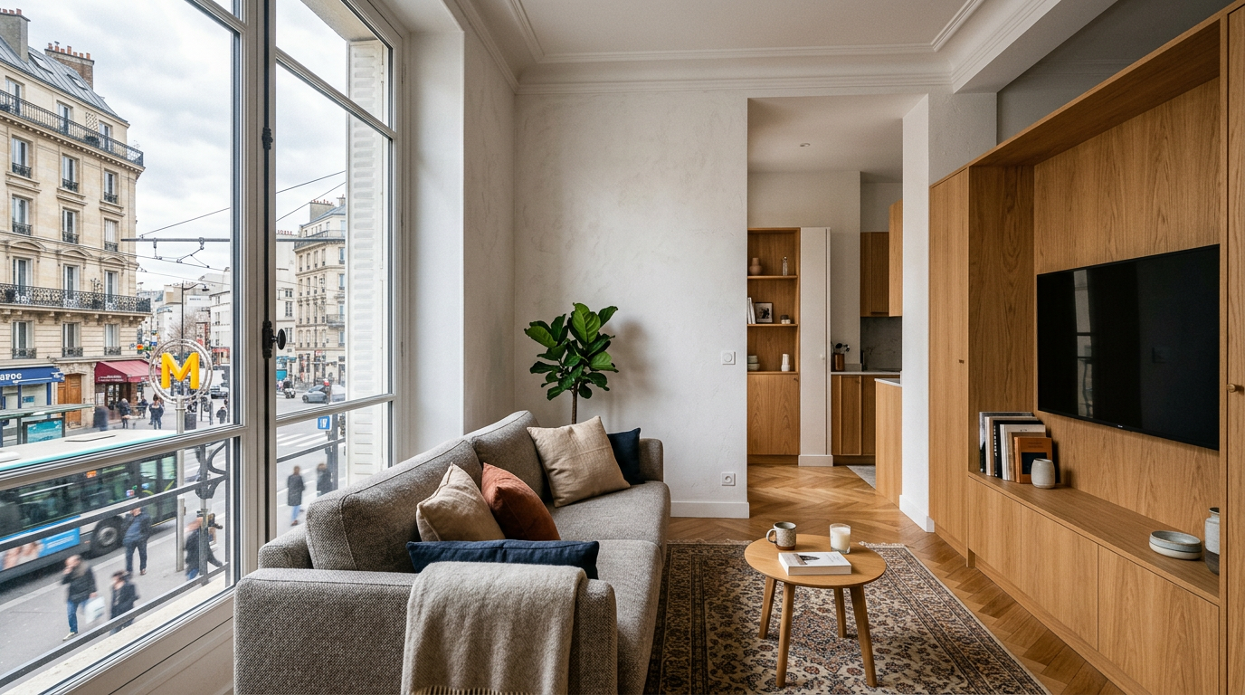 Séjour compact rénové aux Lilas, tissu urbain près de la Porte des Lilas