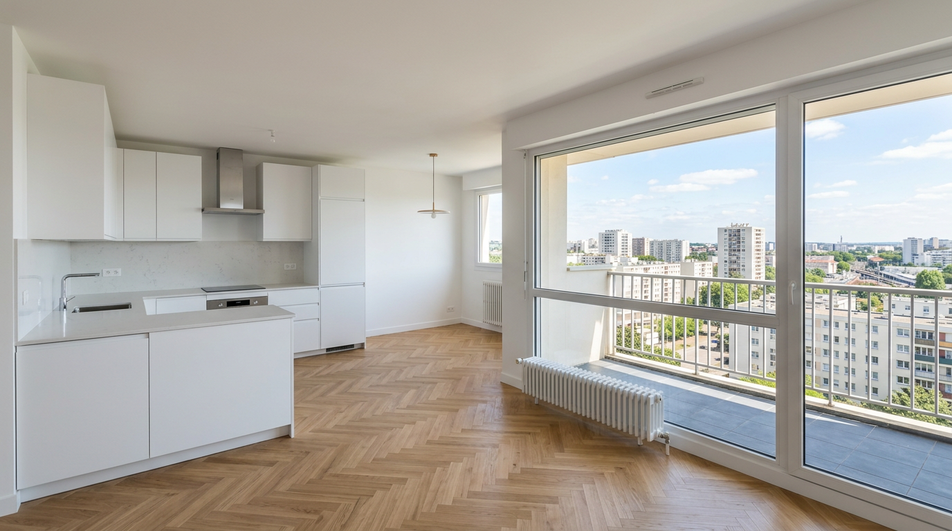 Cuisine-séjour rénovée dans une copropriété de Fresnes, vue sur immeubles