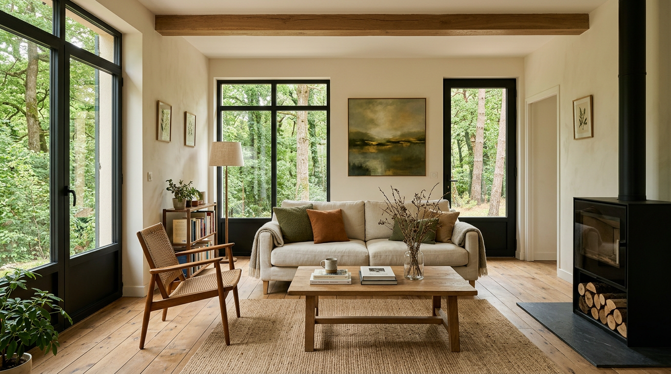 Séjour rénové dans une maison de La Celle-Saint-Cloud, vue sur les arbres