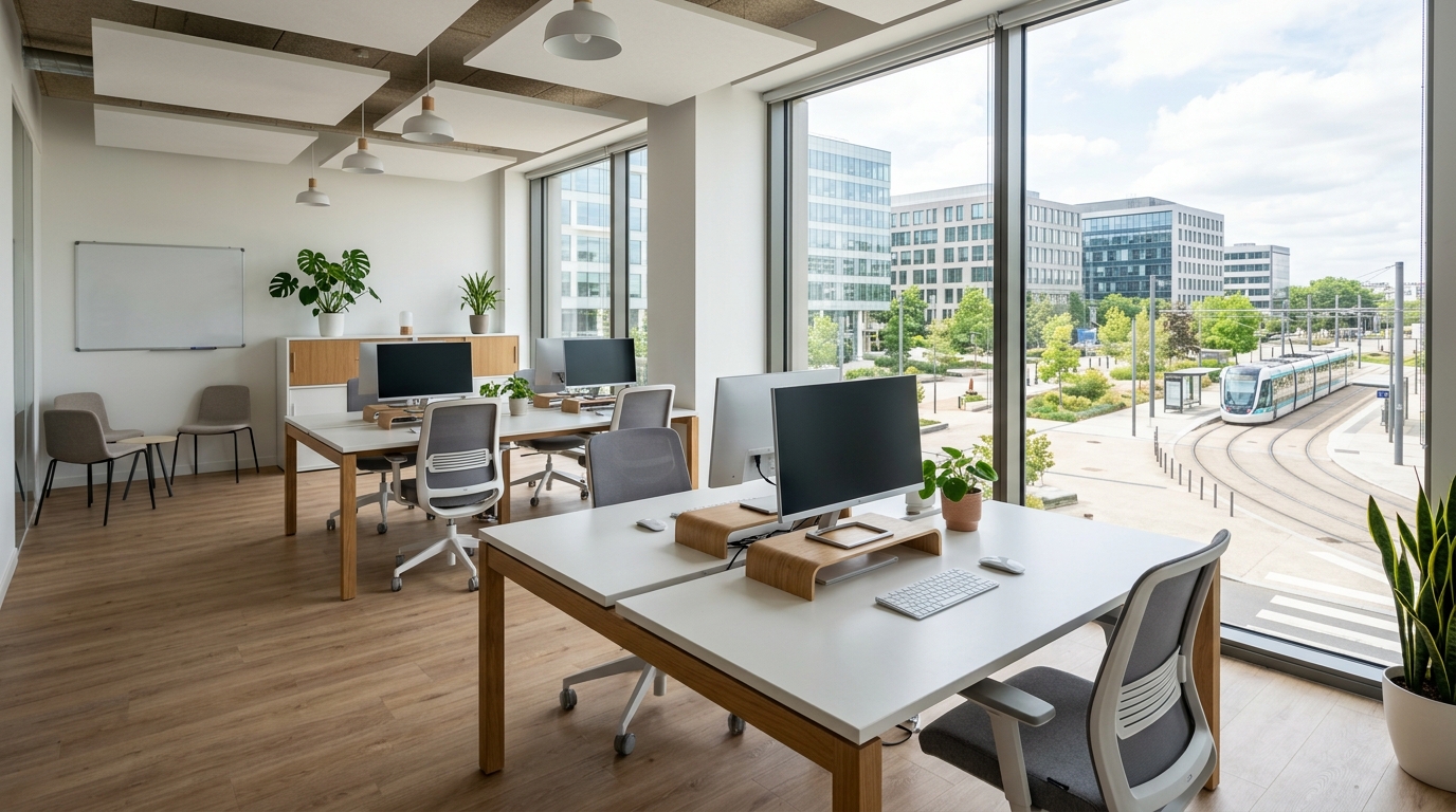 Bureau rénové à Vélizy-Villacoublay, open space clair et vue sur un parvis