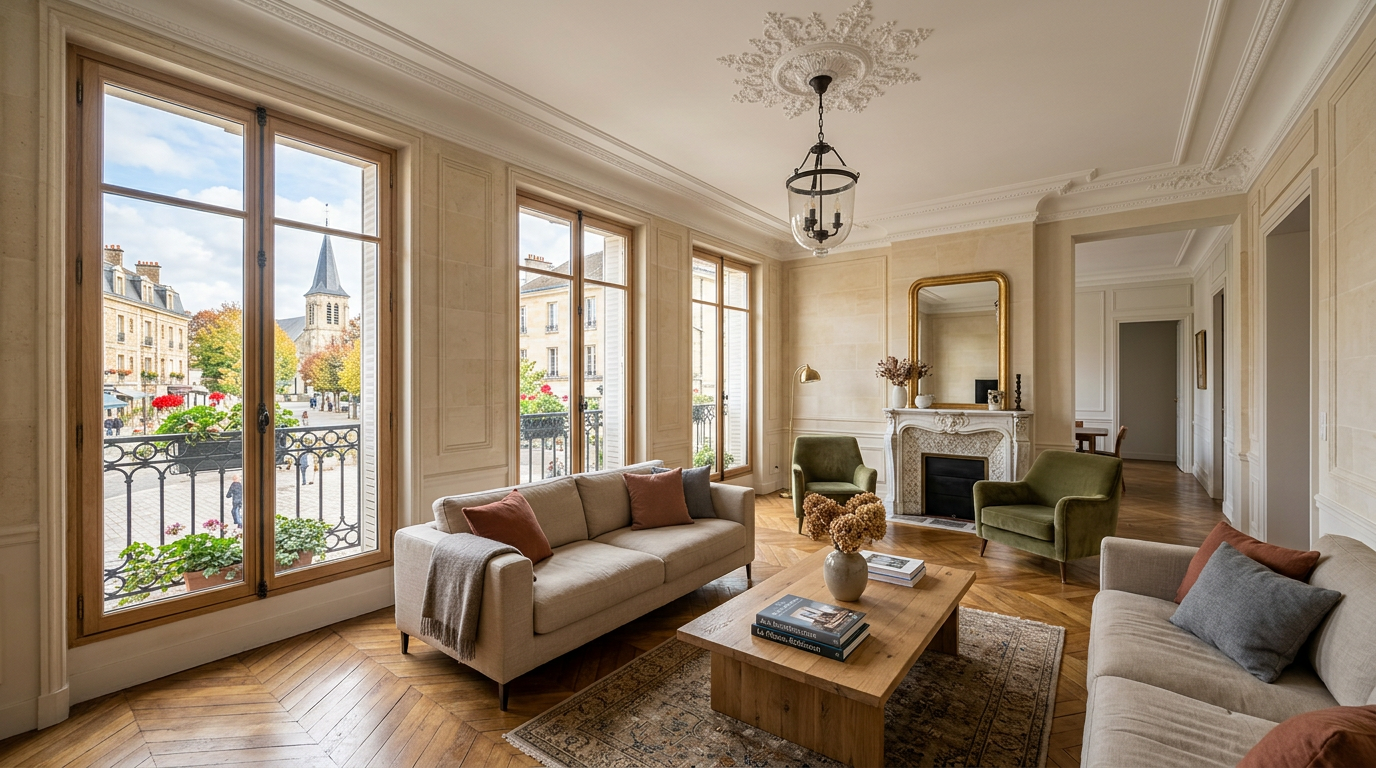 Séjour neo-haussmannien rénové au Plessis-Robinson, parquet et fenêtres hautes