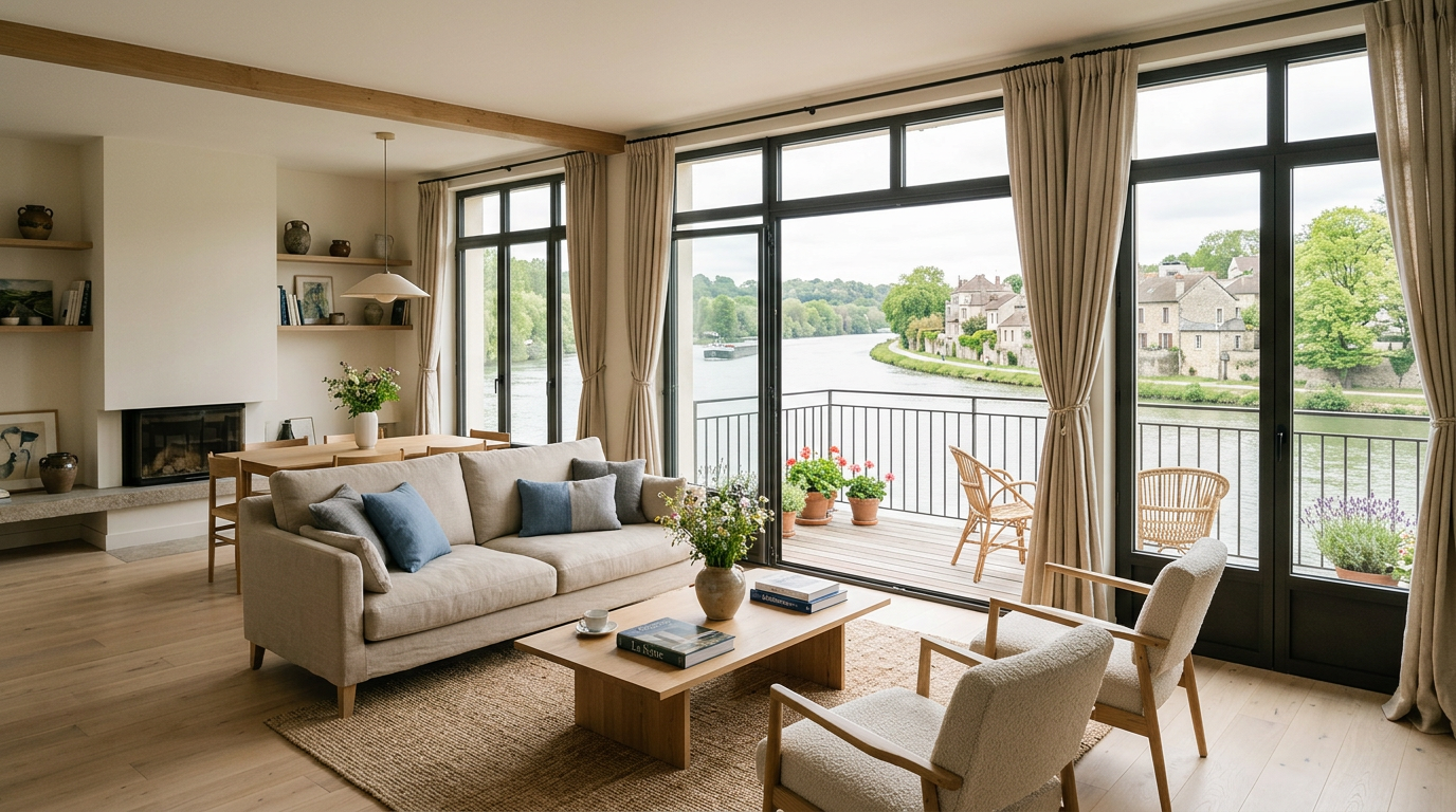 Séjour rénové dans une maison au bord de la Seine au Pecq