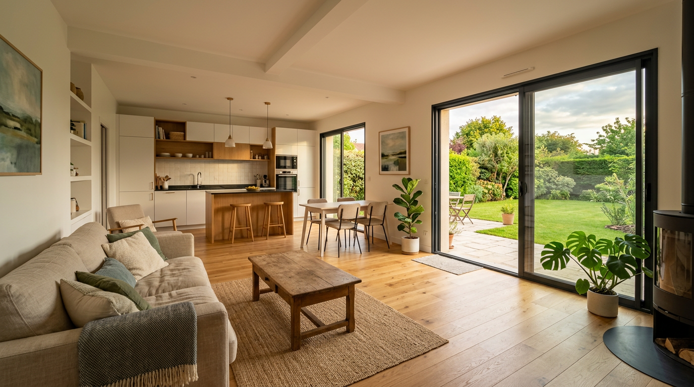 Salon et cuisine ouverts sur jardin dans une maison rénovée en Seine-et-Marne