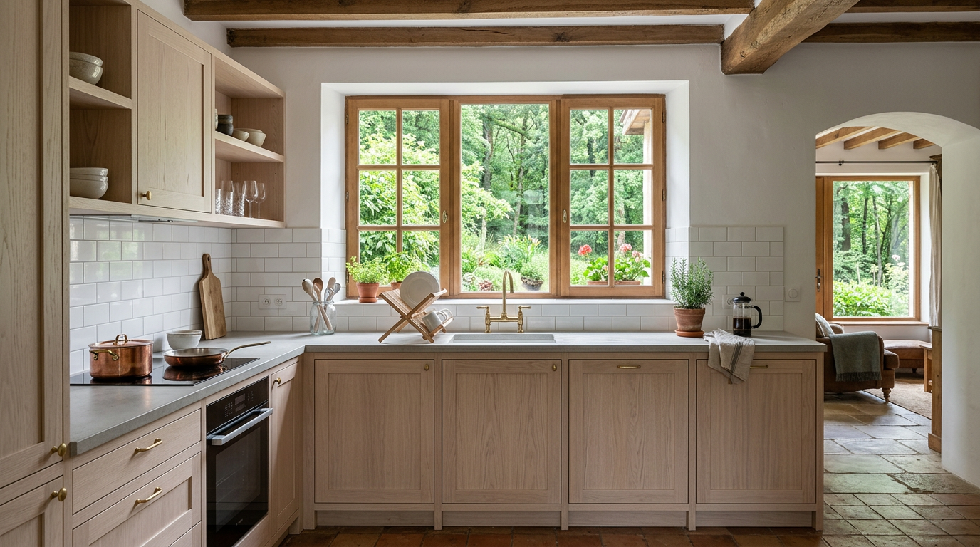 Cuisine rénovée dans une maison près des bois aux Clayes-sous-Bois, meubles clairs et fenêtre sur jardin