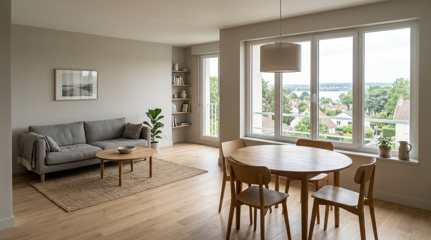 Séjour rénové dans un appartement de Saint-Gratien, parquet et lumière vers le lac