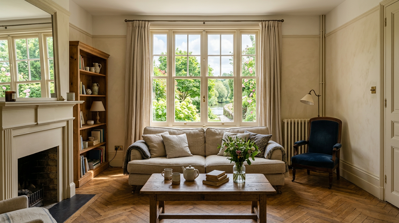 Salon rénové dans une maison de Sartrouville, parquet et grande fenêtre