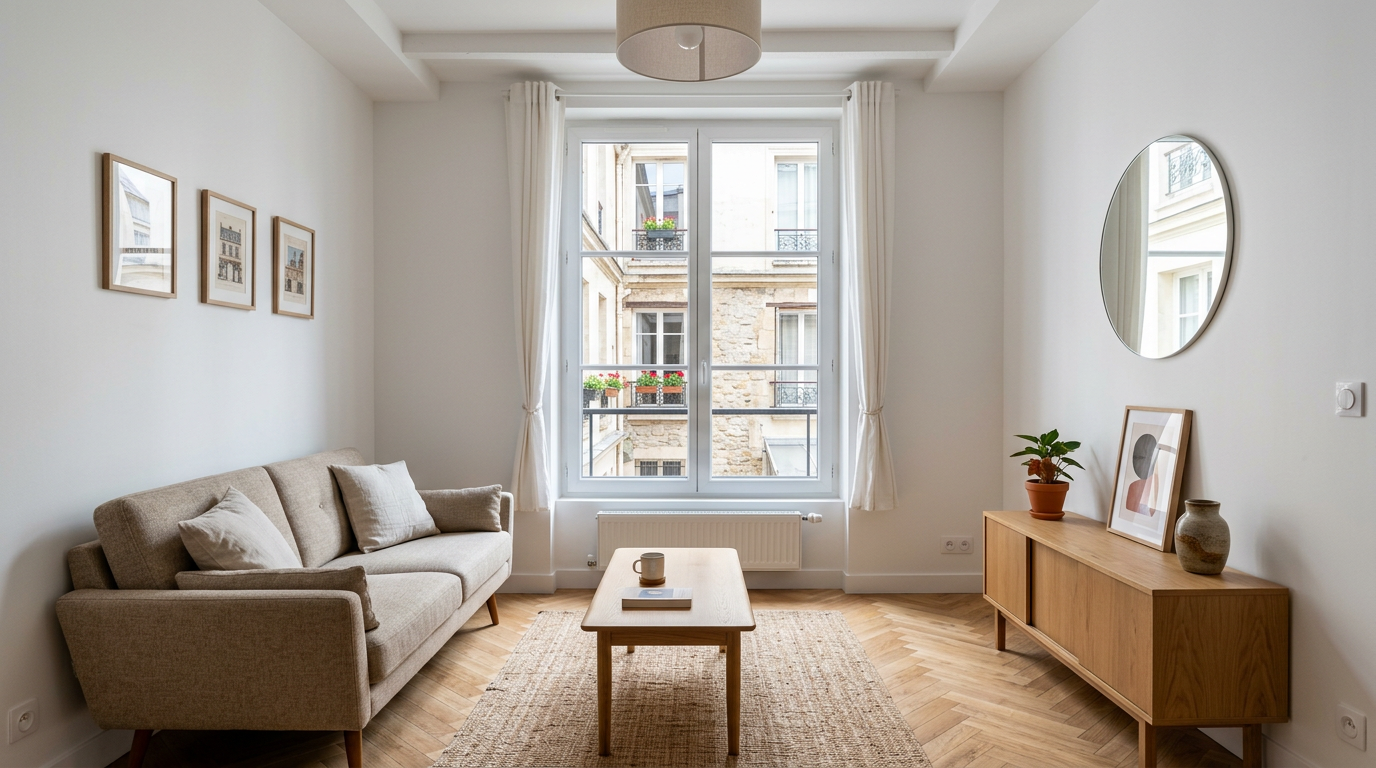 Séjour compact rénové dans un appartement du Pré-Saint-Gervais, parquet clair et fenêtre sur cour