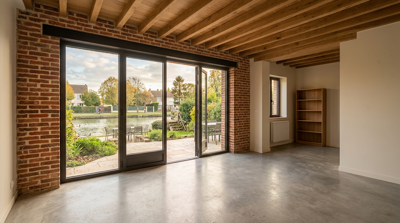 Séjour rénové dans un pavillon de Villeparisis, jardin côté canal