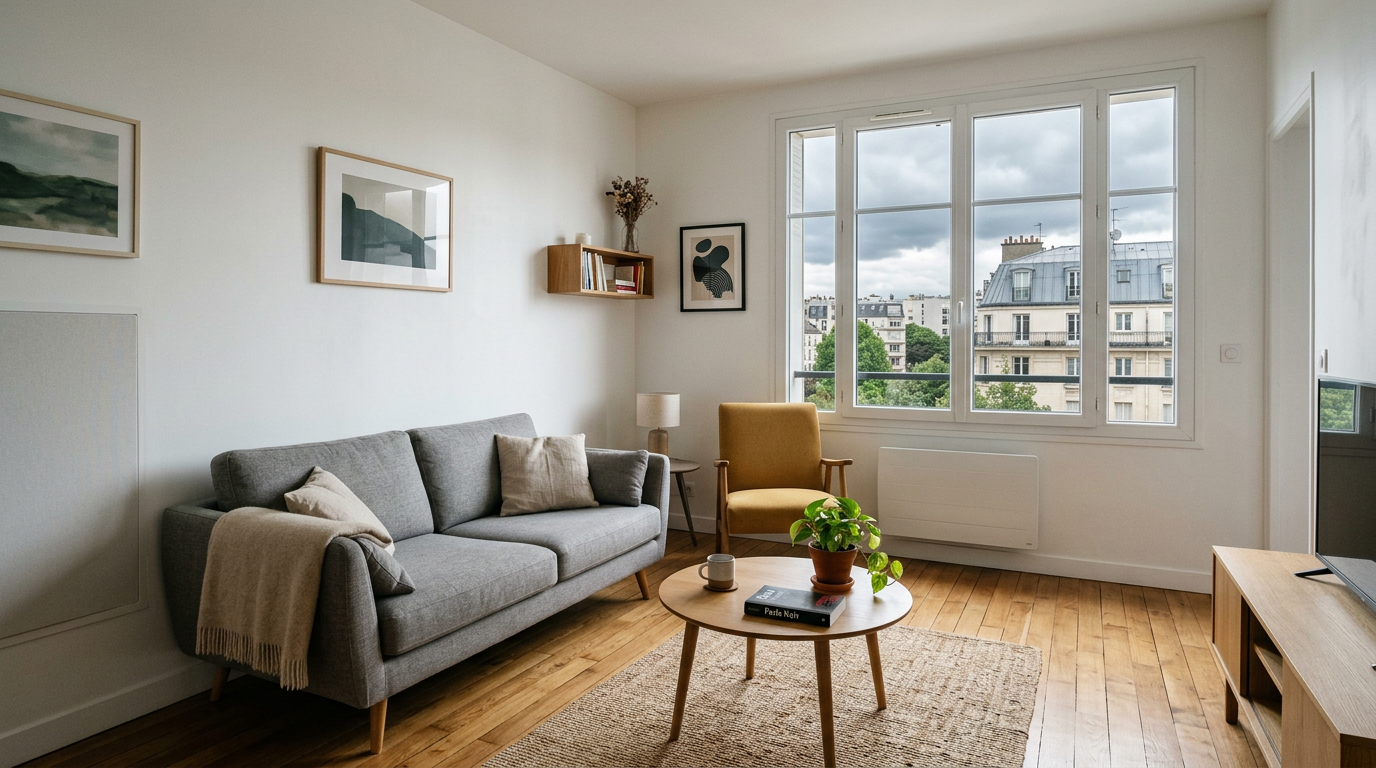 Séjour rénové dans un appartement urbain au Bourget
