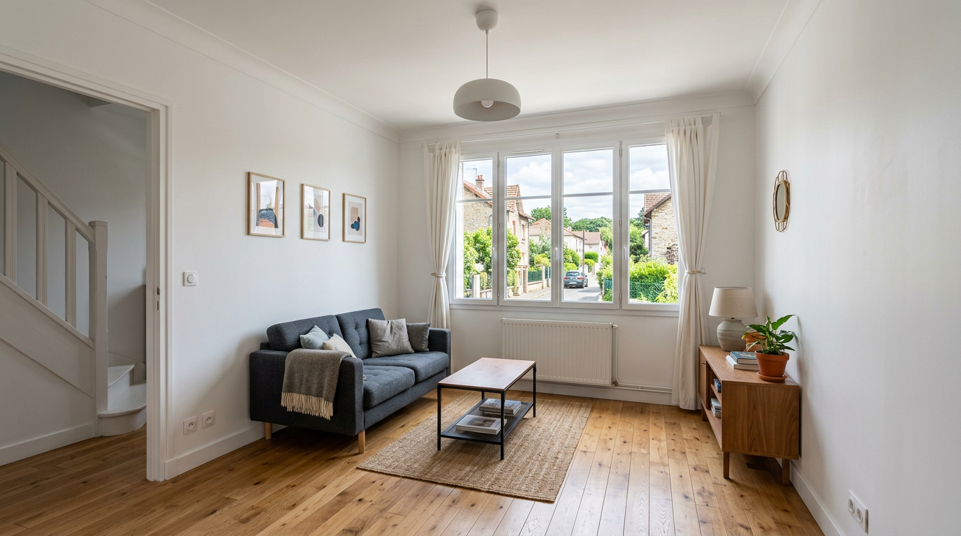 Séjour rénové dans une maison pavillonnaire dense à Houilles