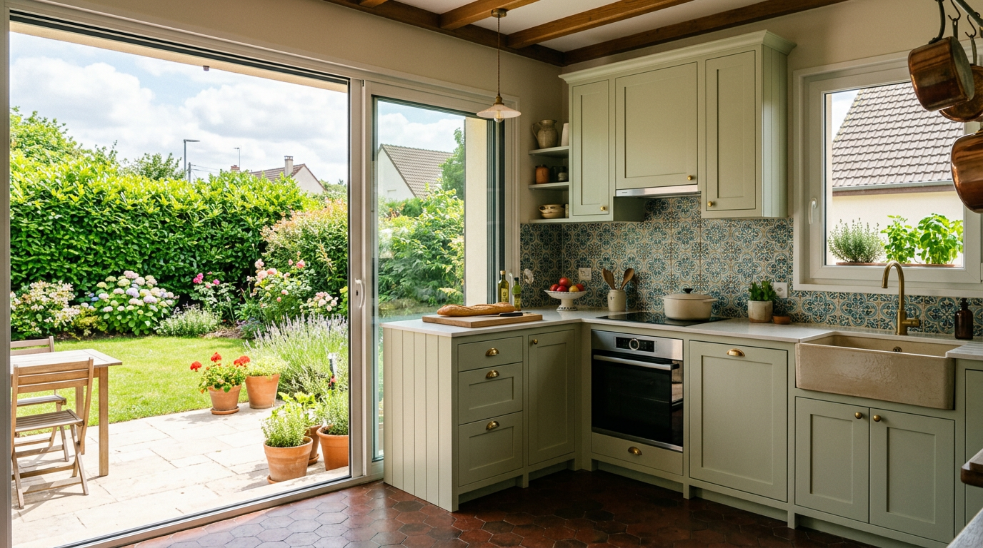 Cuisine de pavillon rénovée à Brétigny-sur-Orge, jardin et haie derrière la baie