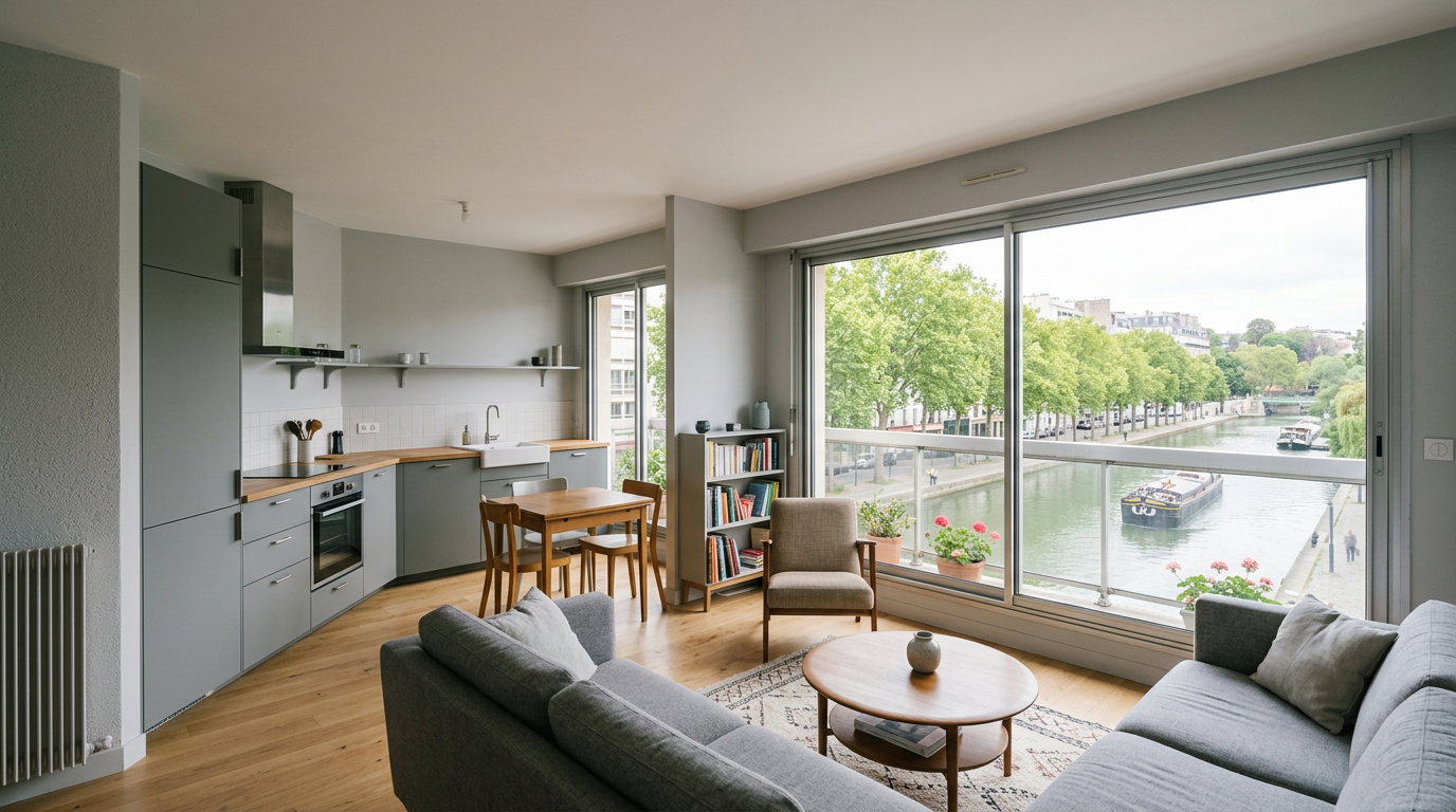 Séjour rénové près du canal de l'Ourcq à Paris 19e