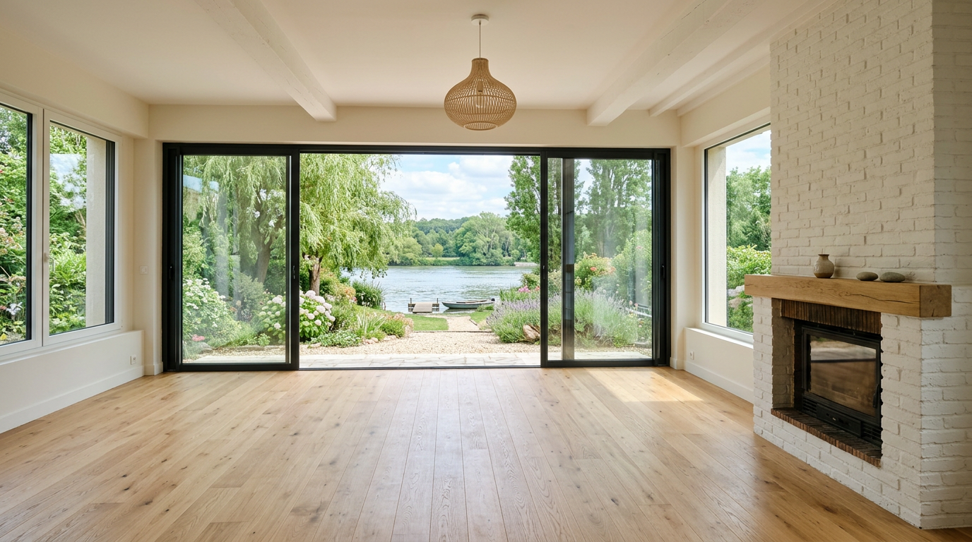 Salon rénové dans un pavillon de rive à Saint-Fargeau-Ponthierry, baie sur jardin de Seine