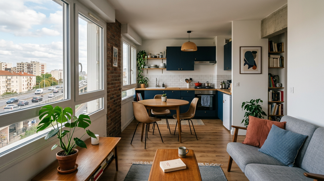 Séjour rénové dans un appartement des années 1970 à Clichy, près de la Porte de Clichy