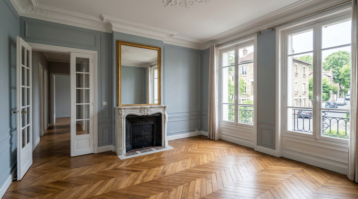 Salon classique rénové à Fontenay-le-Fleury, murs gris-bleu, parquet et cheminée de marbre