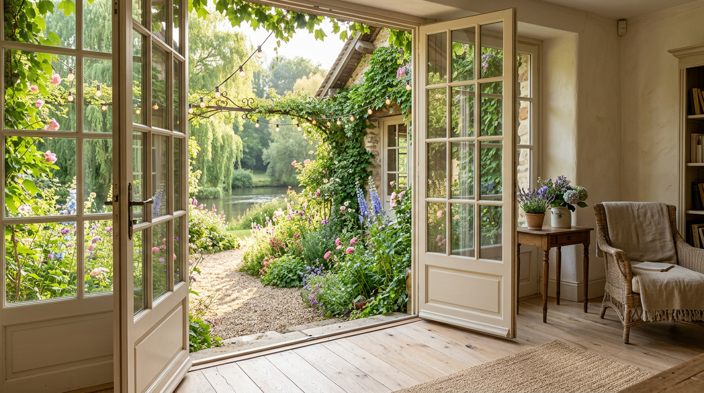 Pavillon rénové à Yerres, portes-fenêtres sur jardin, parquet clair