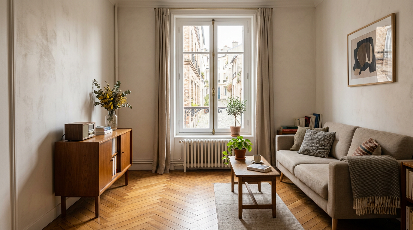Séjour rénové dans un appartement des années 1930 à Gentilly