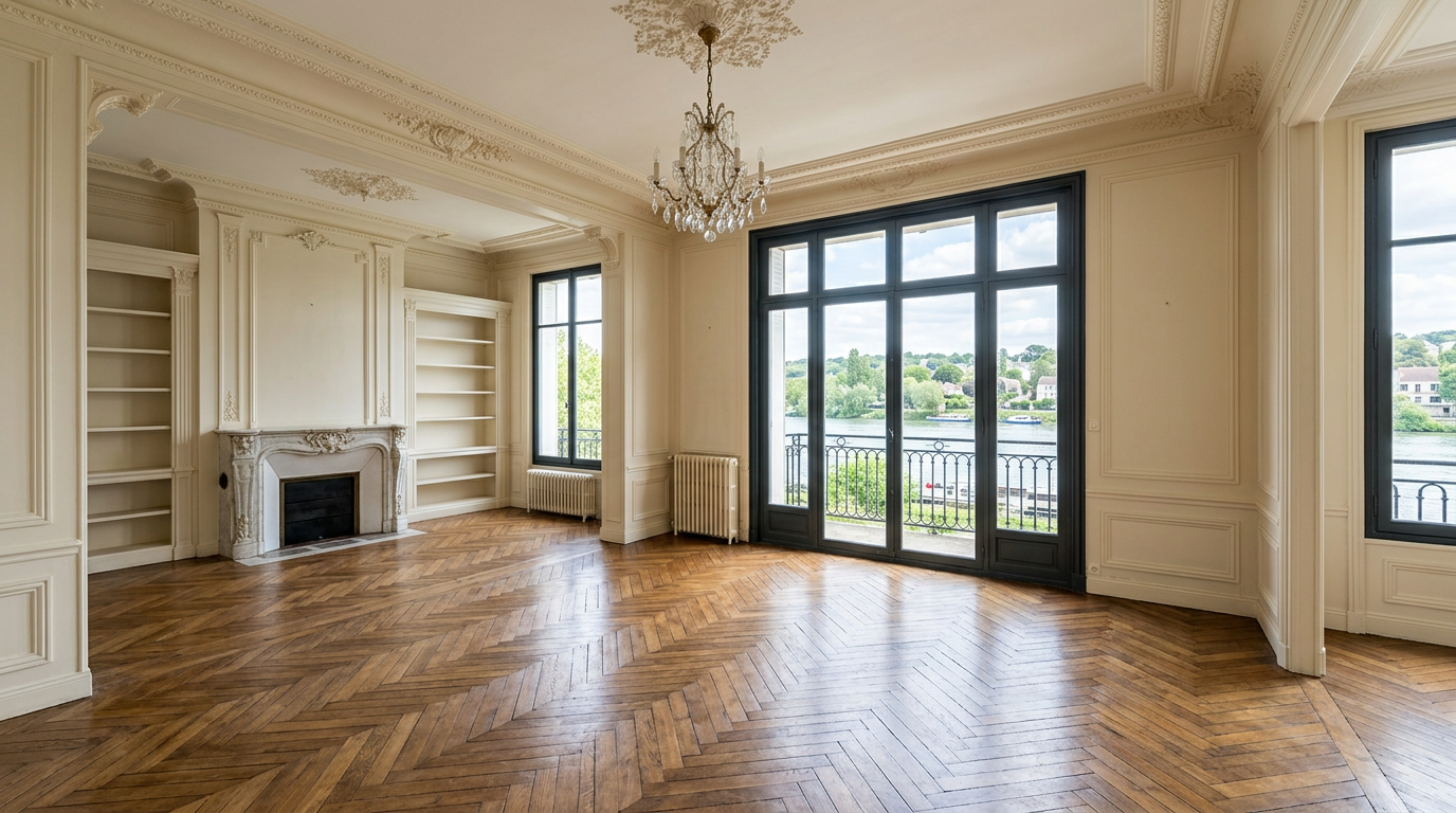 Salon 1900 rénové au Perreux-sur-Marne, parquet à bâtons rompus et moulures