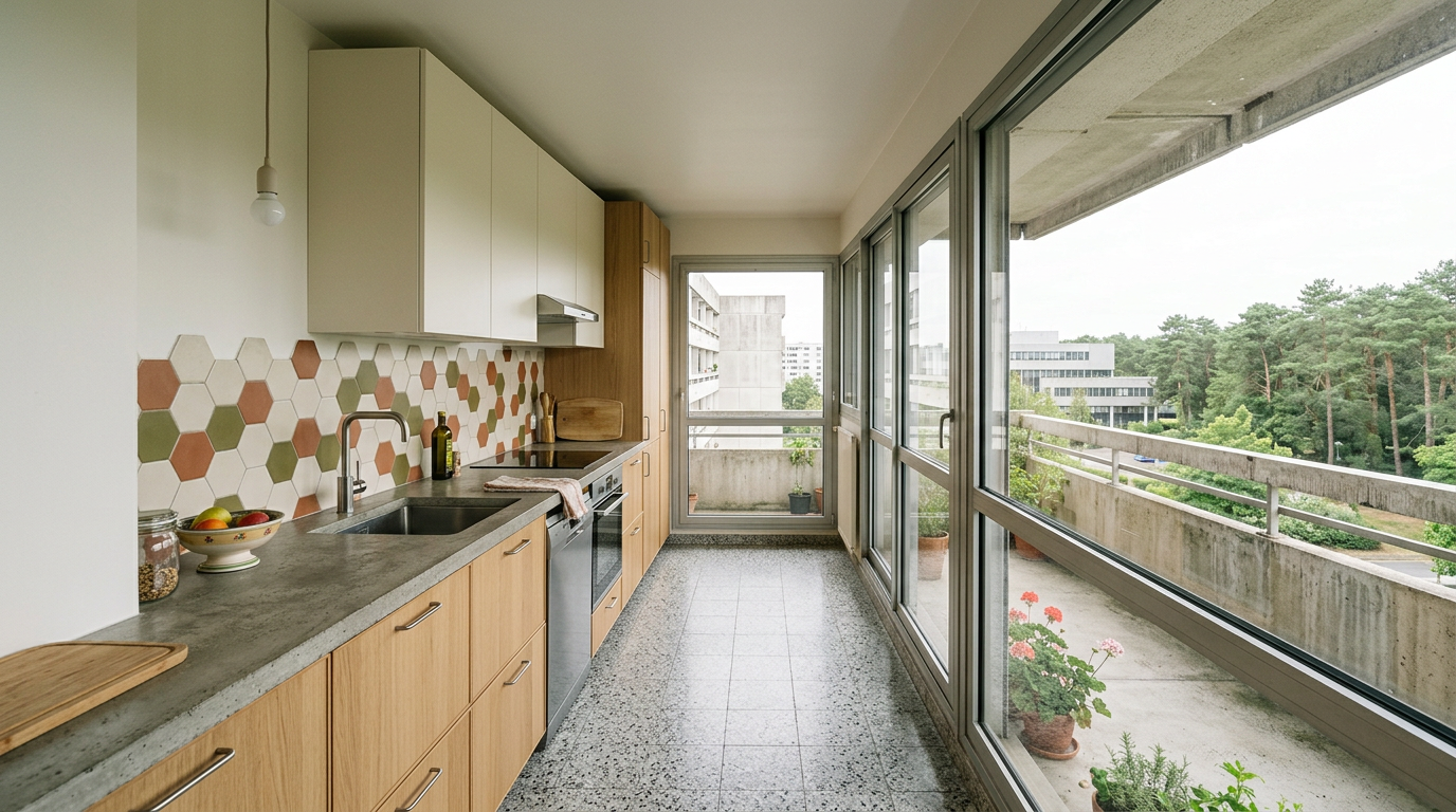 Cuisine linéaire rénovée dans une copropriété des années 1970 aux Ulis, pins et balcon béton