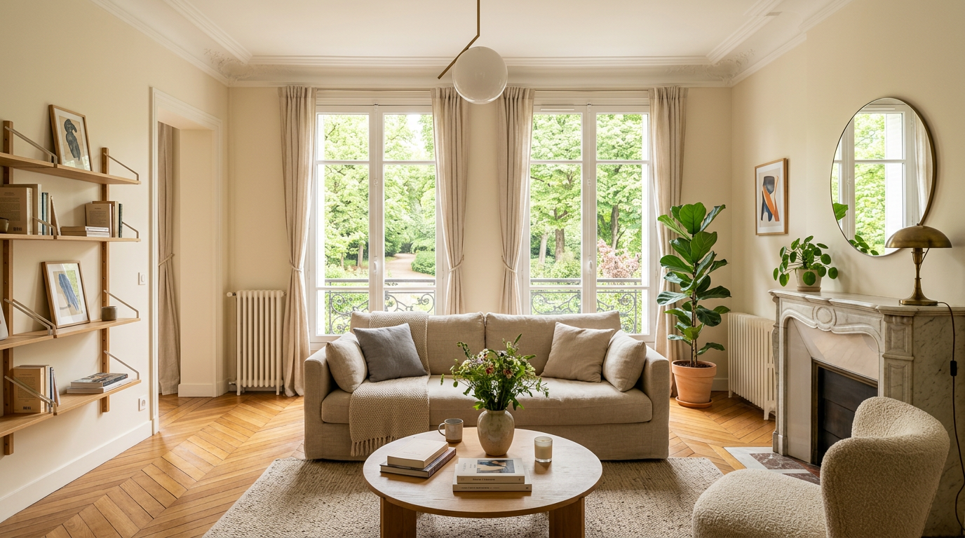 Séjour rénové dans un appartement de Saint-Mandé, parquet et lumière vers le bois