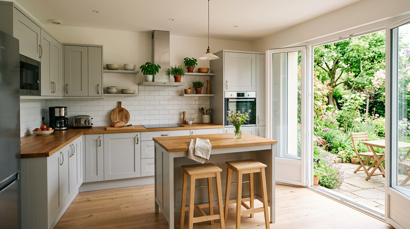 Cuisine rénovée dans une maison de Sénart à Moissy-Cramayel, îlot et porte vers le jardin