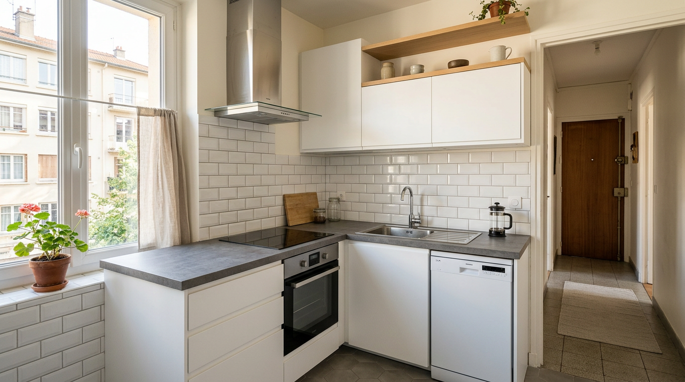 Cuisine compacte rénovée dans une copropriété des années 60 à Bagneux