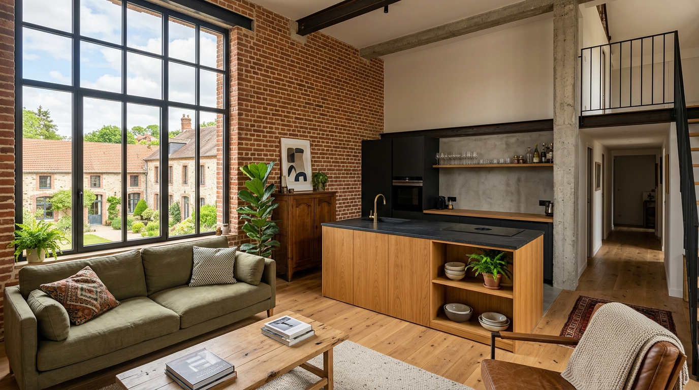 Appartement rénové à Noisiel, brique industrielle et cuisine chêne