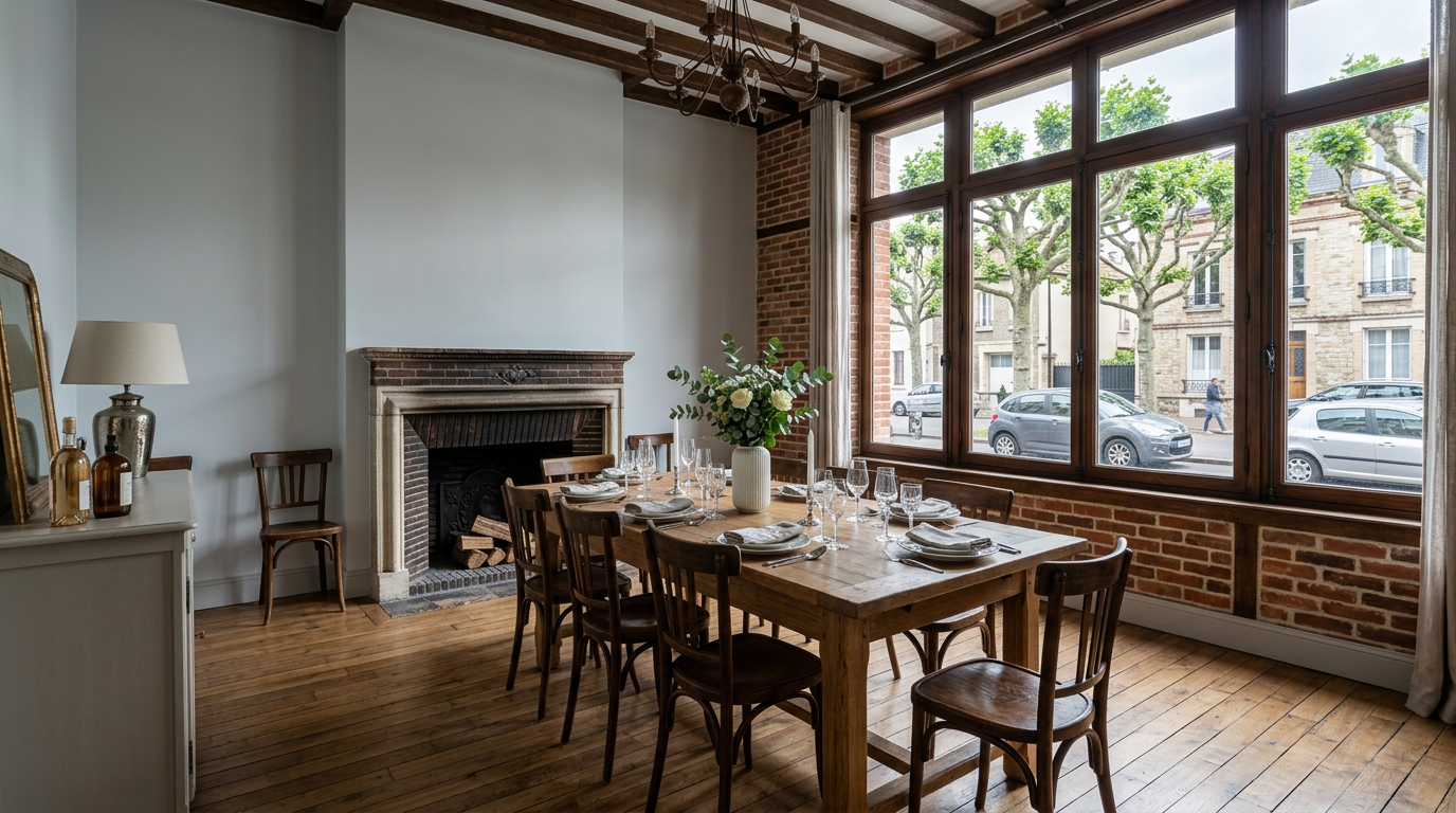 Salle à manger de pavillon rénovée à Villemomble, parquet et cheminée conservée