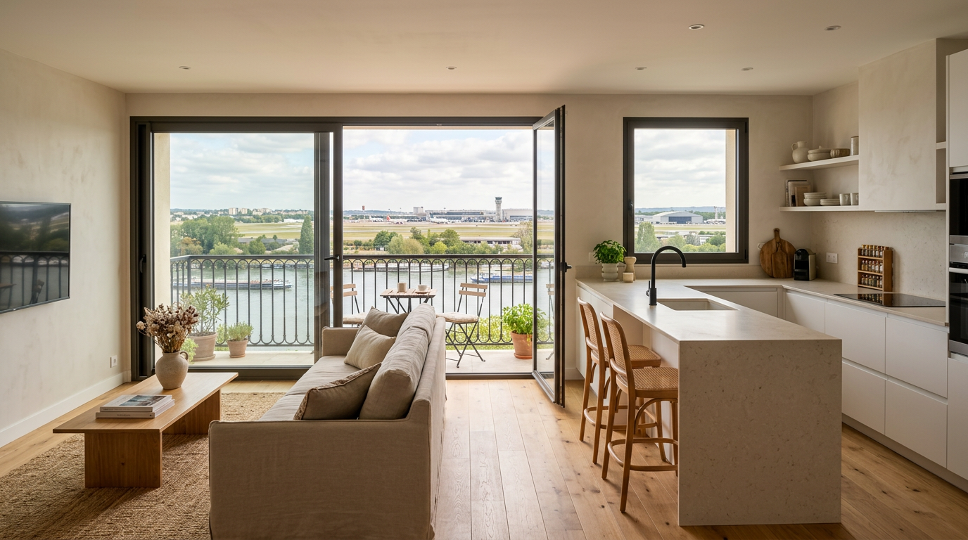 Cuisine-séjour rénovée à Villeneuve-le-Roi, vue sur la Seine depuis le balcon