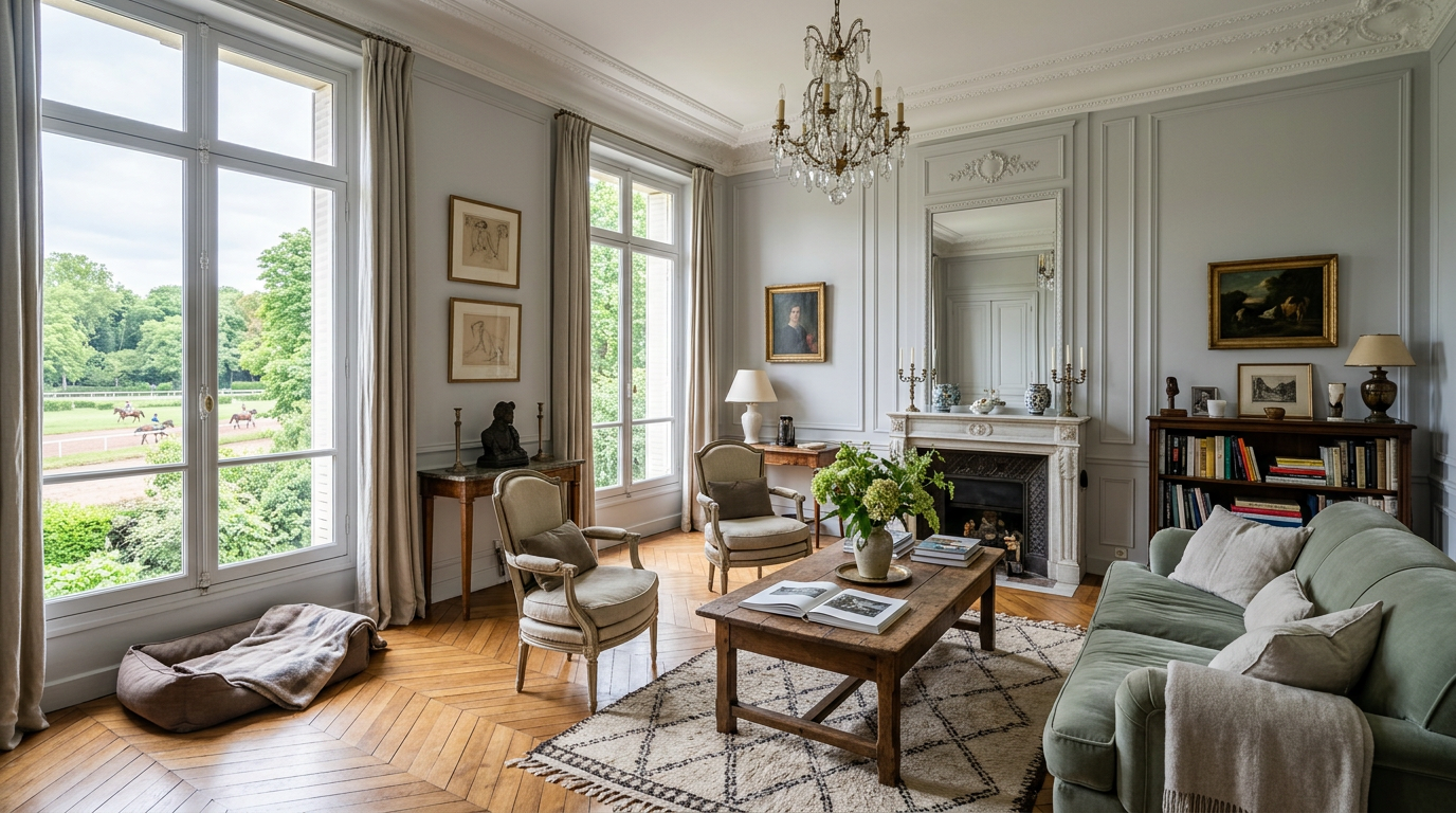 Salon bourgeois rénové à Maisons-Laffitte, parquet et verdure de l'hippodrome