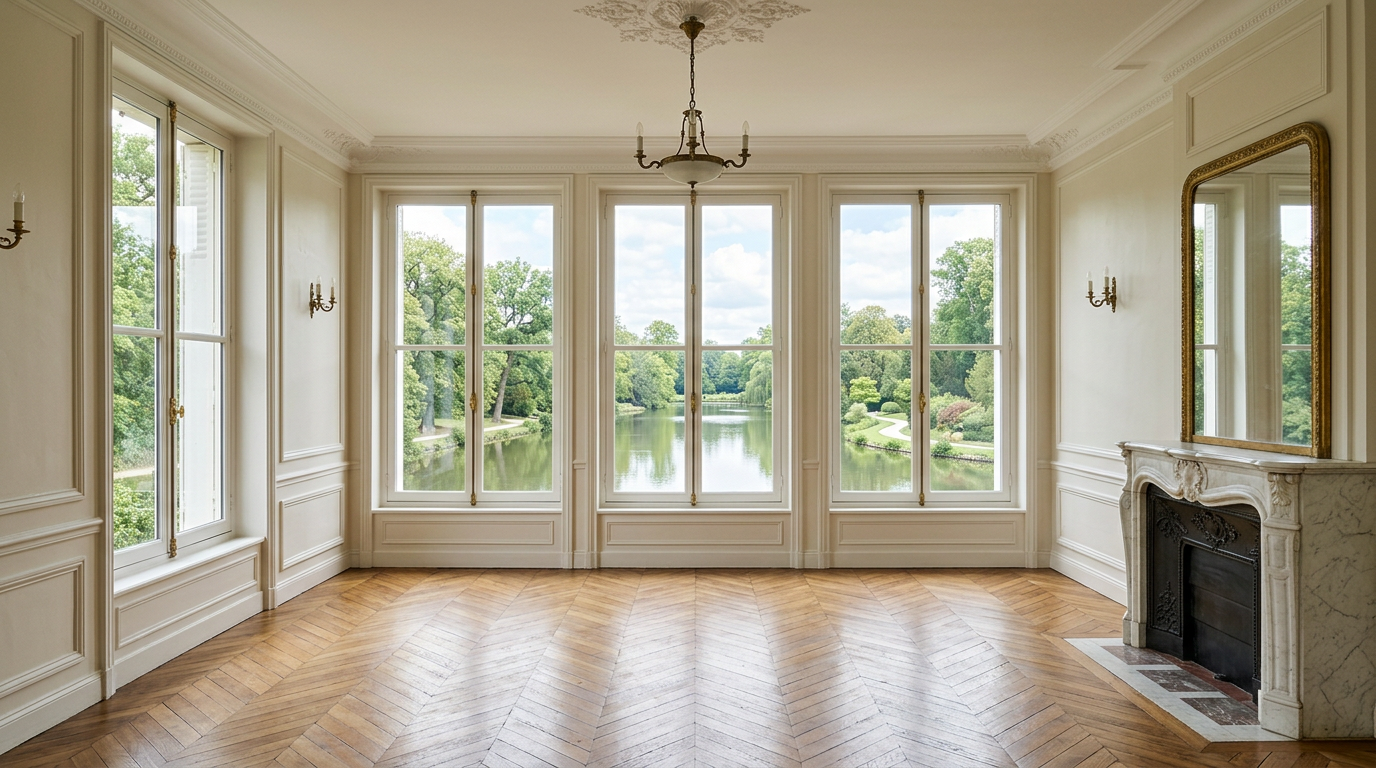 Salle à manger rénovée dans une villa du Vésinet, parquet et lumière de parc
