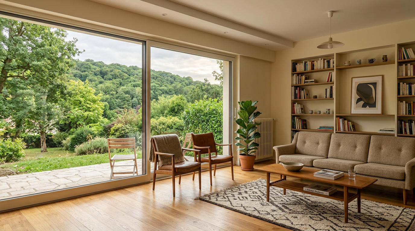 Séjour rénové dans une maison au pied de la forêt à Soisy-sous-Montmorency, parquet et fenêtre sur jardin