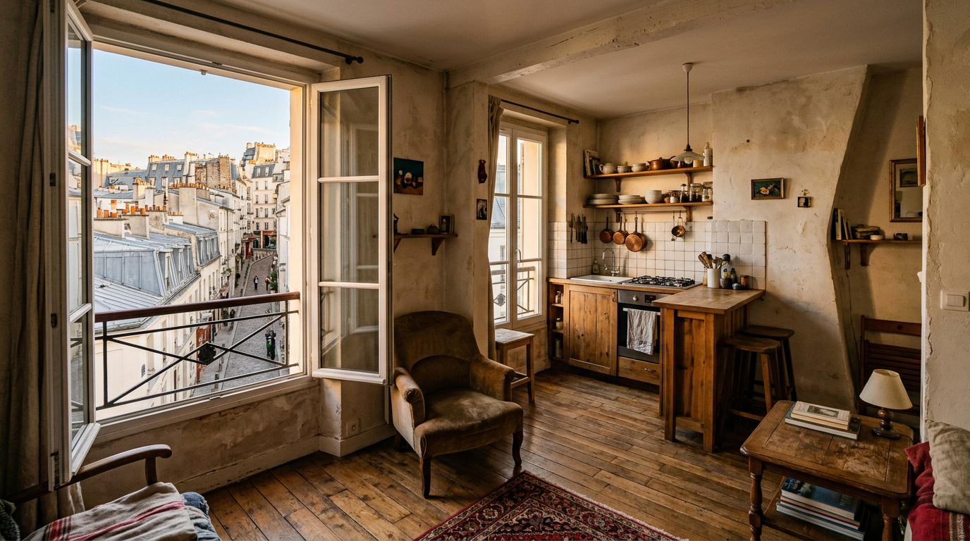 Appartement rénové à Montmartre, Paris 18e, vue sur toits en zinc