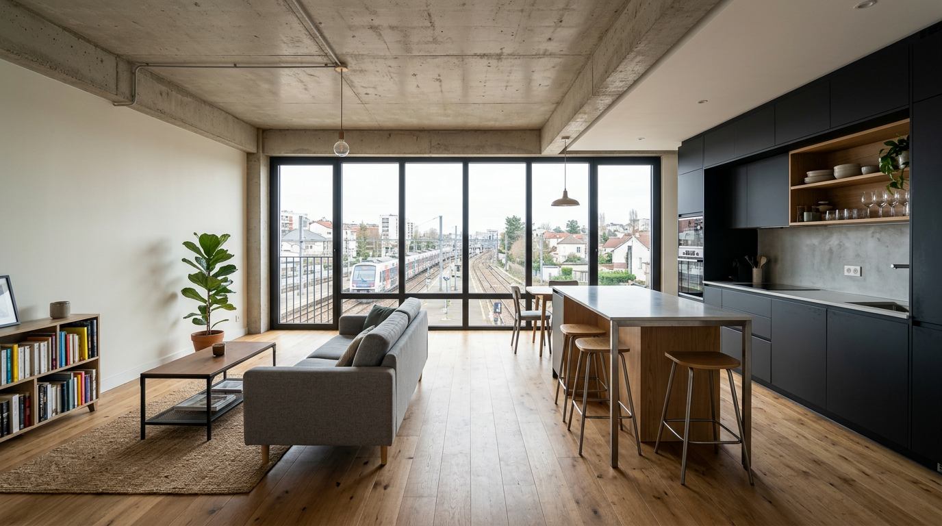 Cuisine-séjour rénovés dans un appartement mixte à Ermont, près du nœud ferroviaire