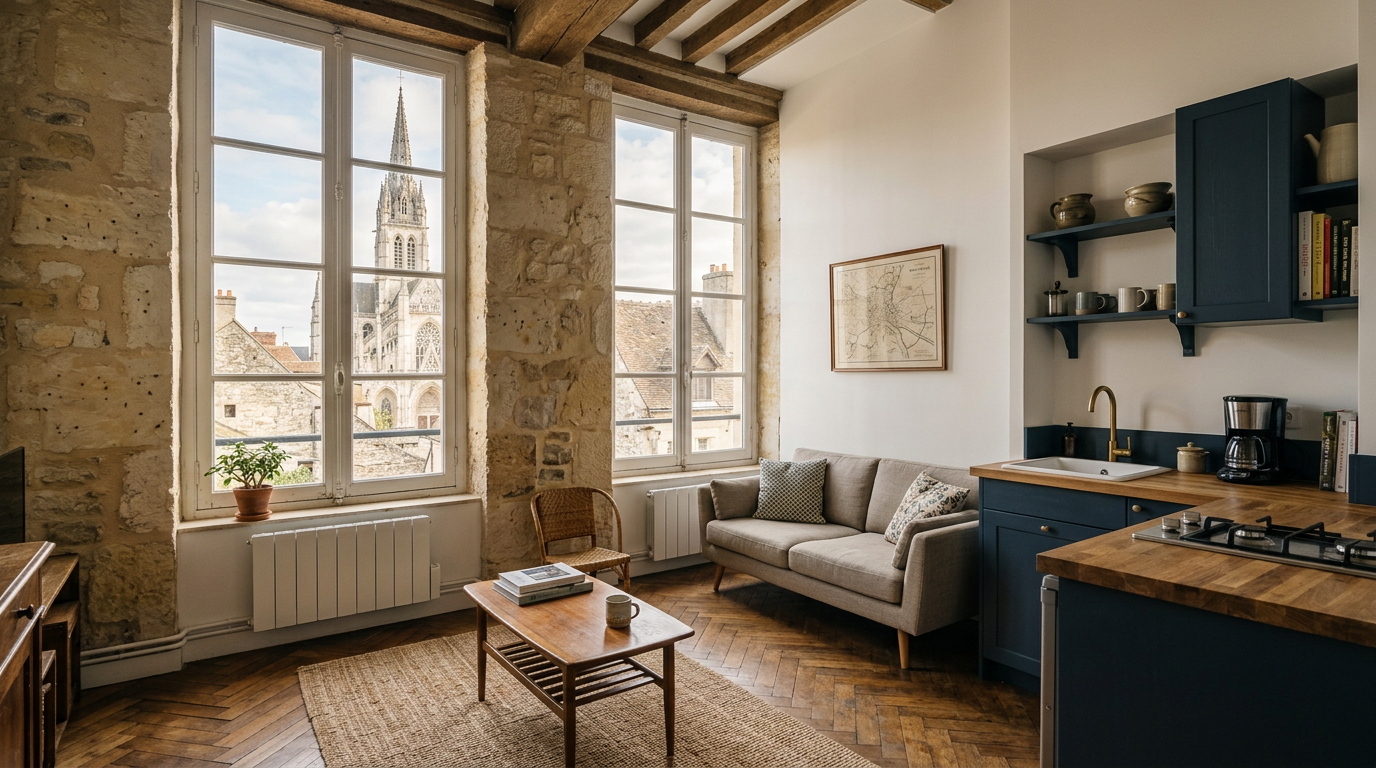 Appartement ancien rénové à Pontoise, mur en pierre près de la cathédrale