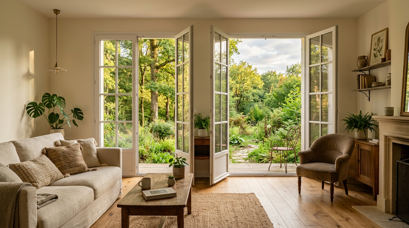 Séjour rénové dans un pavillon d'Ozoir-la-Ferrière, portes-fenêtres sur jardin boisé