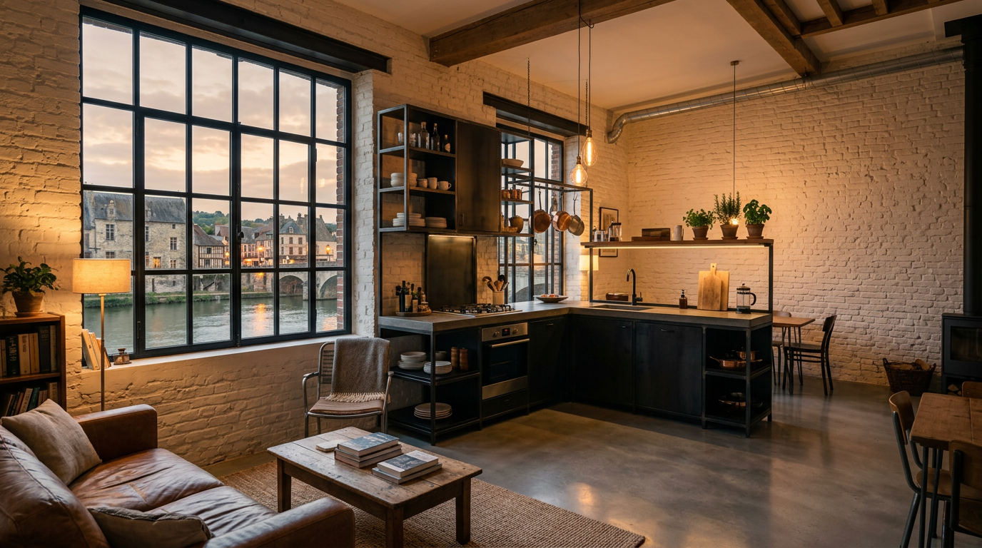 Intérieur type loft rénové à Gennevilliers, brique et cuisine acier
