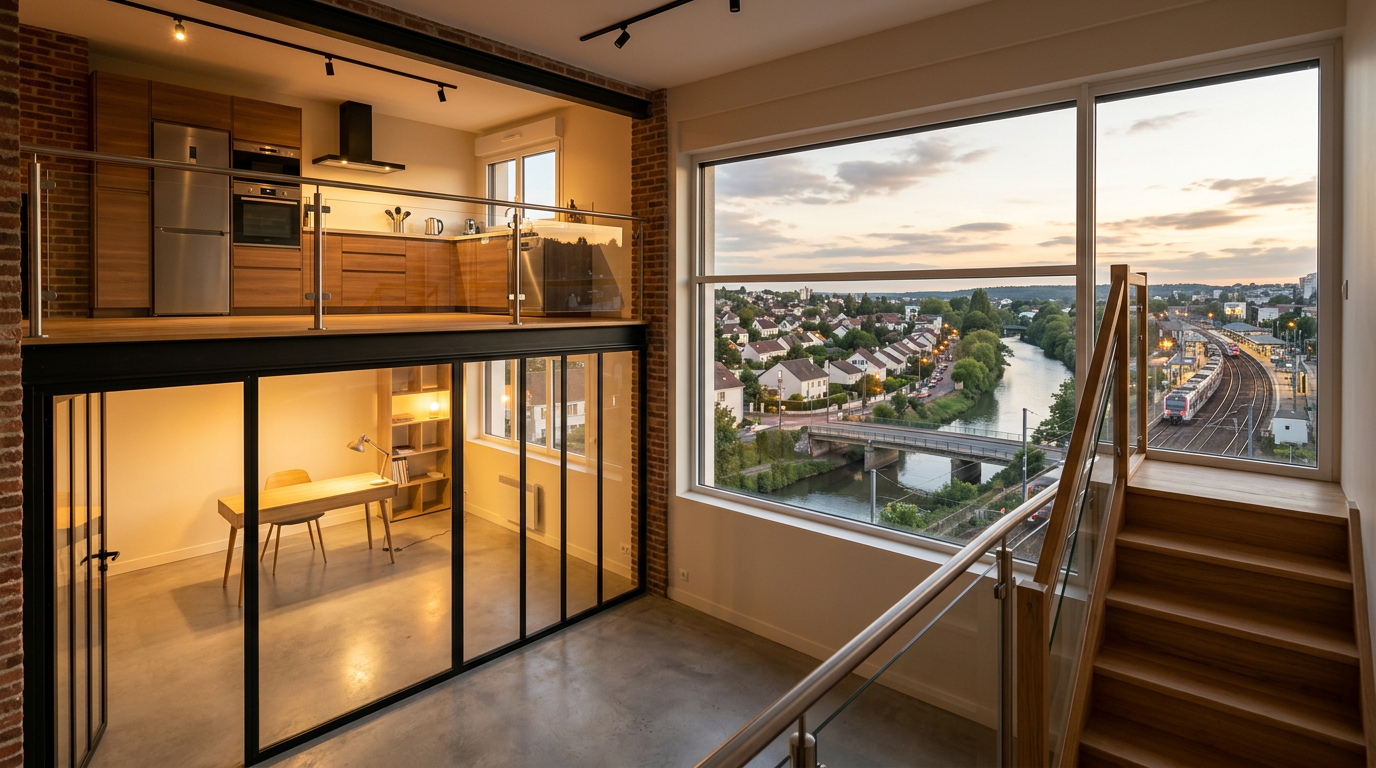 Bureau et cuisine rénovés à Ris-Orangis, ambiance mixte près de la Seine
