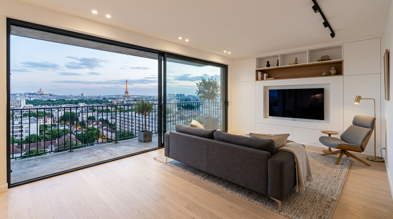Séjour rénové dans un appartement moderne de Châtillon, baie et parquet clair