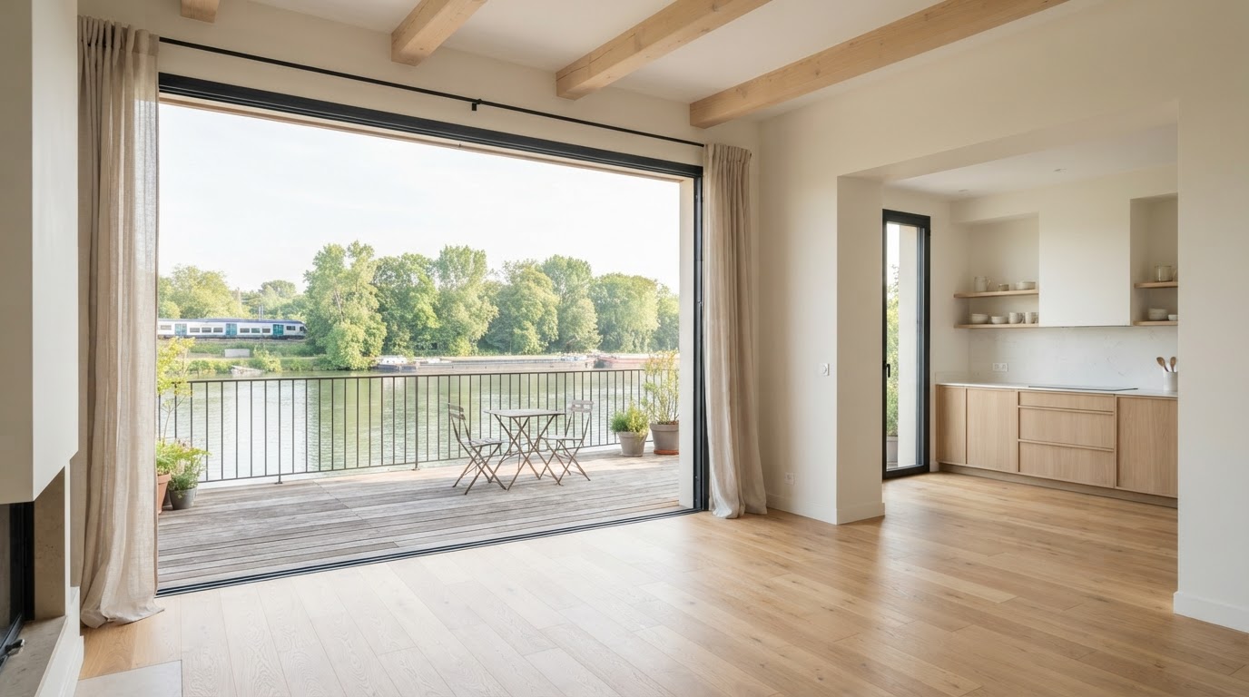 Séjour rénové ouvrant sur une terrasse de Seine à Andrésy, cuisine bois clair au fond