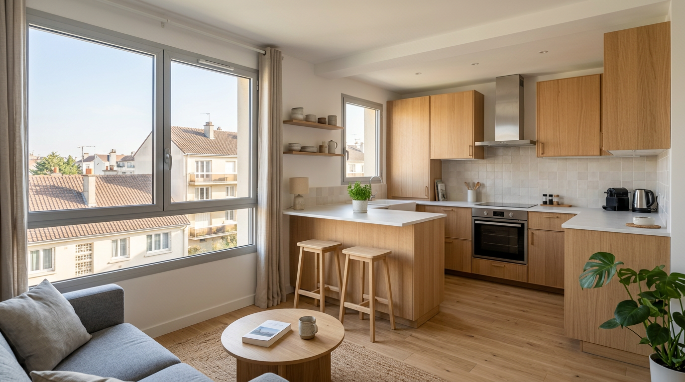 Cuisine-séjour rénovée dans un appartement de Chilly-Mazarin, îlot et toits d'Essonne