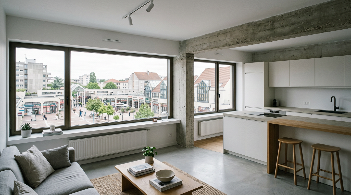 Cuisine ouverte rénovée dans un collectif de ville nouvelle à Torcy