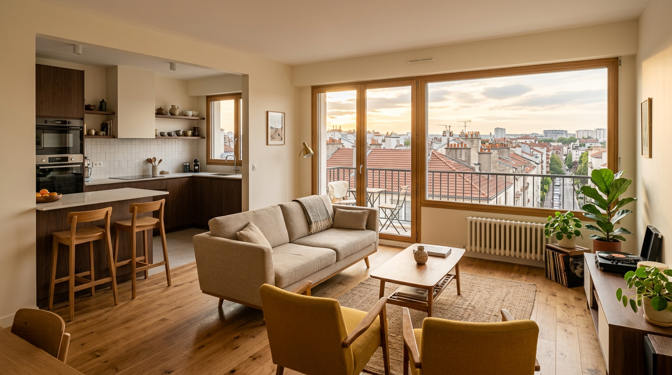 Séjour d’appartement rénové en coteau à Villejuif