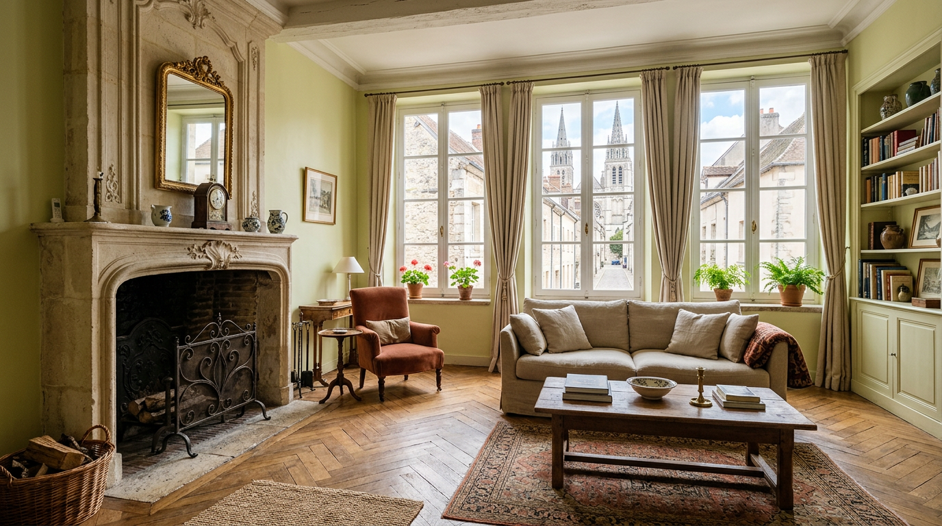 Salon de maison de ville rénovée à Meaux, parquet et cheminée