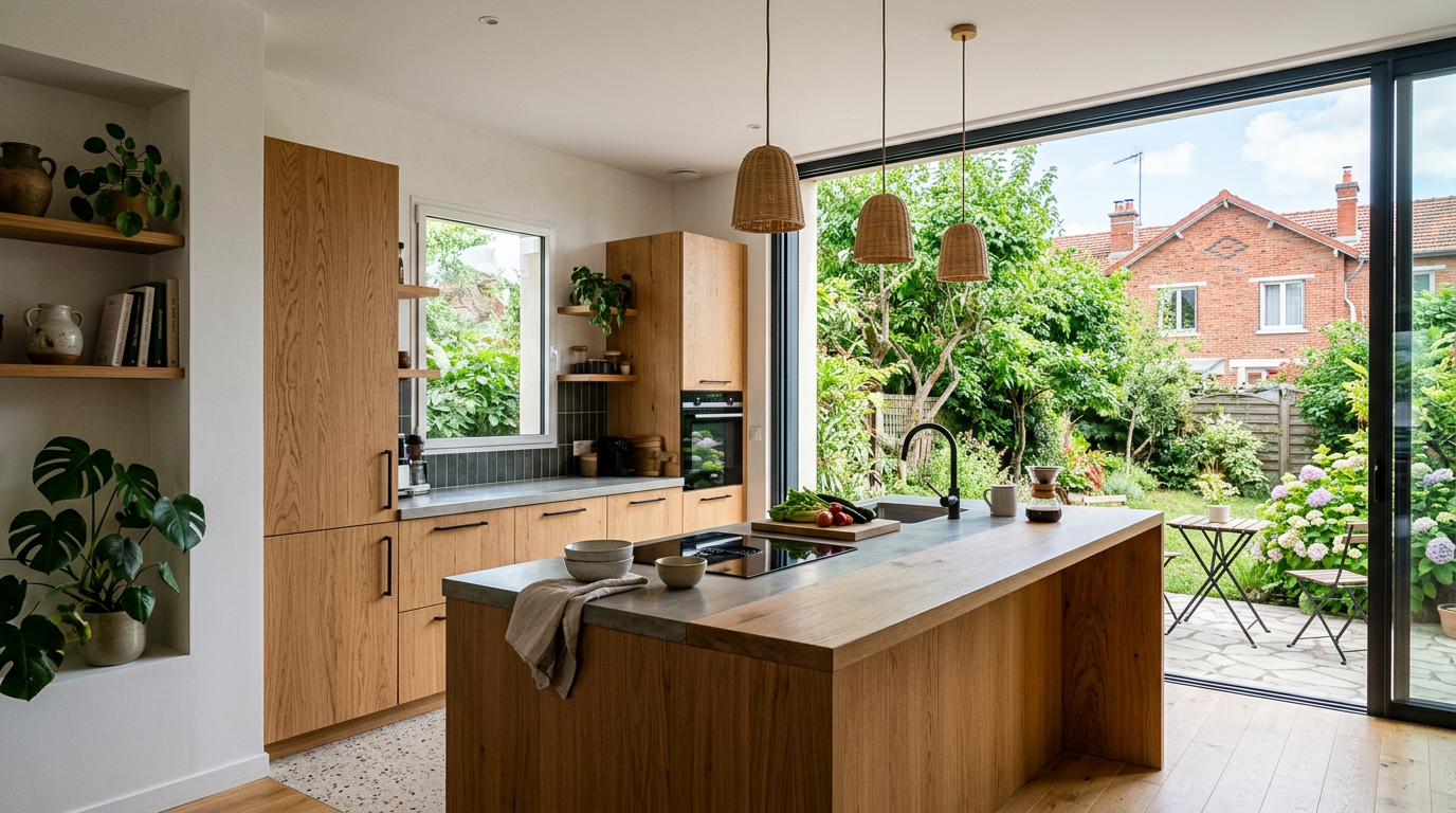 Cuisine rénovée dans un pavillon du Plessis-Trévise, jardin du plateau visible