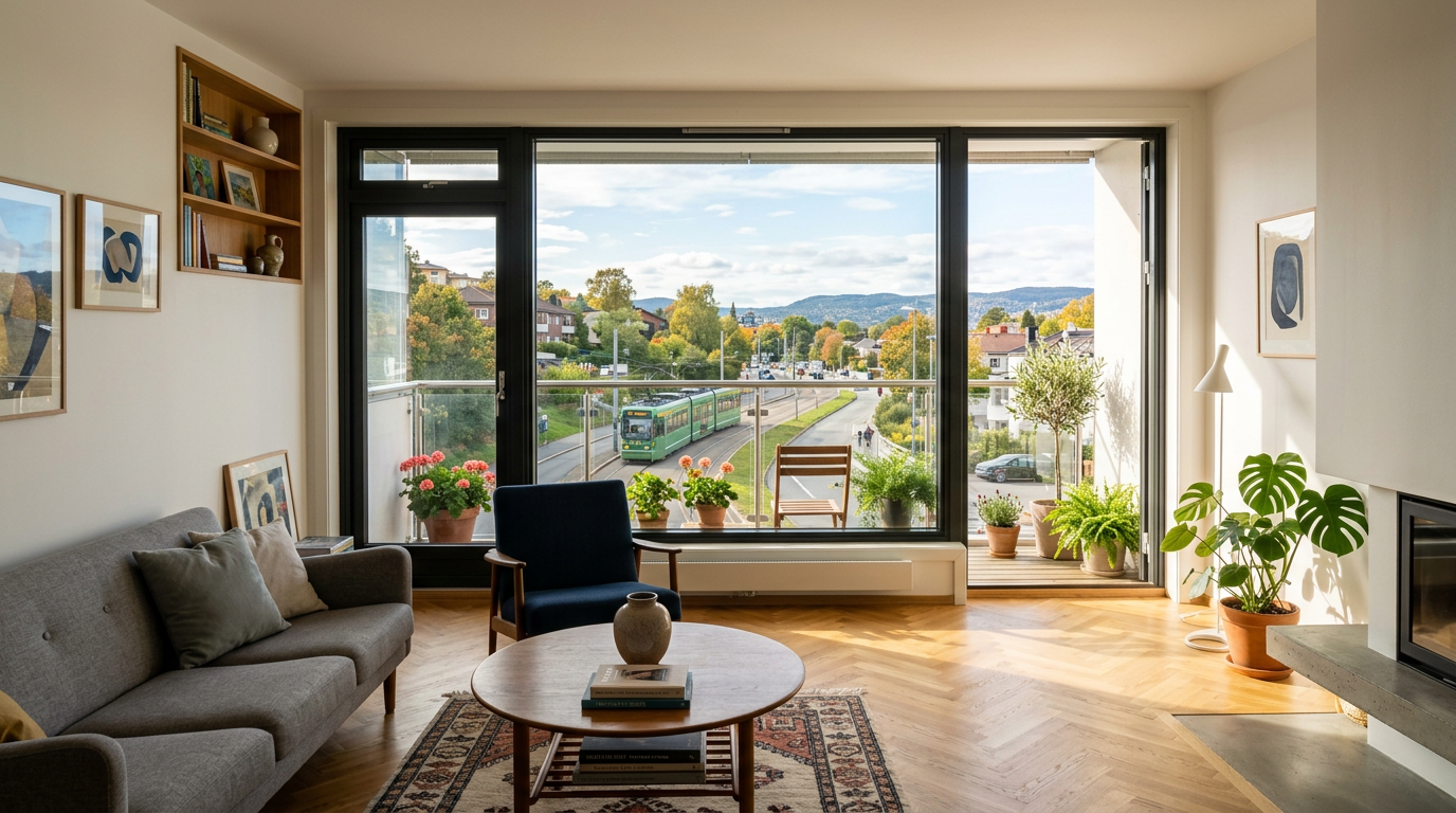 Séjour rénové dans un appartement des années 1970 à Montfermeil, tramway au loin