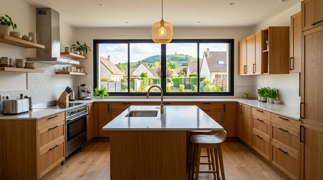 Cuisine familiale rénovée à Élancourt, vue sur lotissement et colline